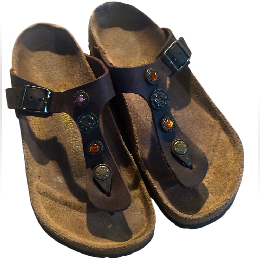 Birkenstock Gizeh's Leather Sandal | Brown | Rare Jewel Adornment | Sz  37 (6-7)